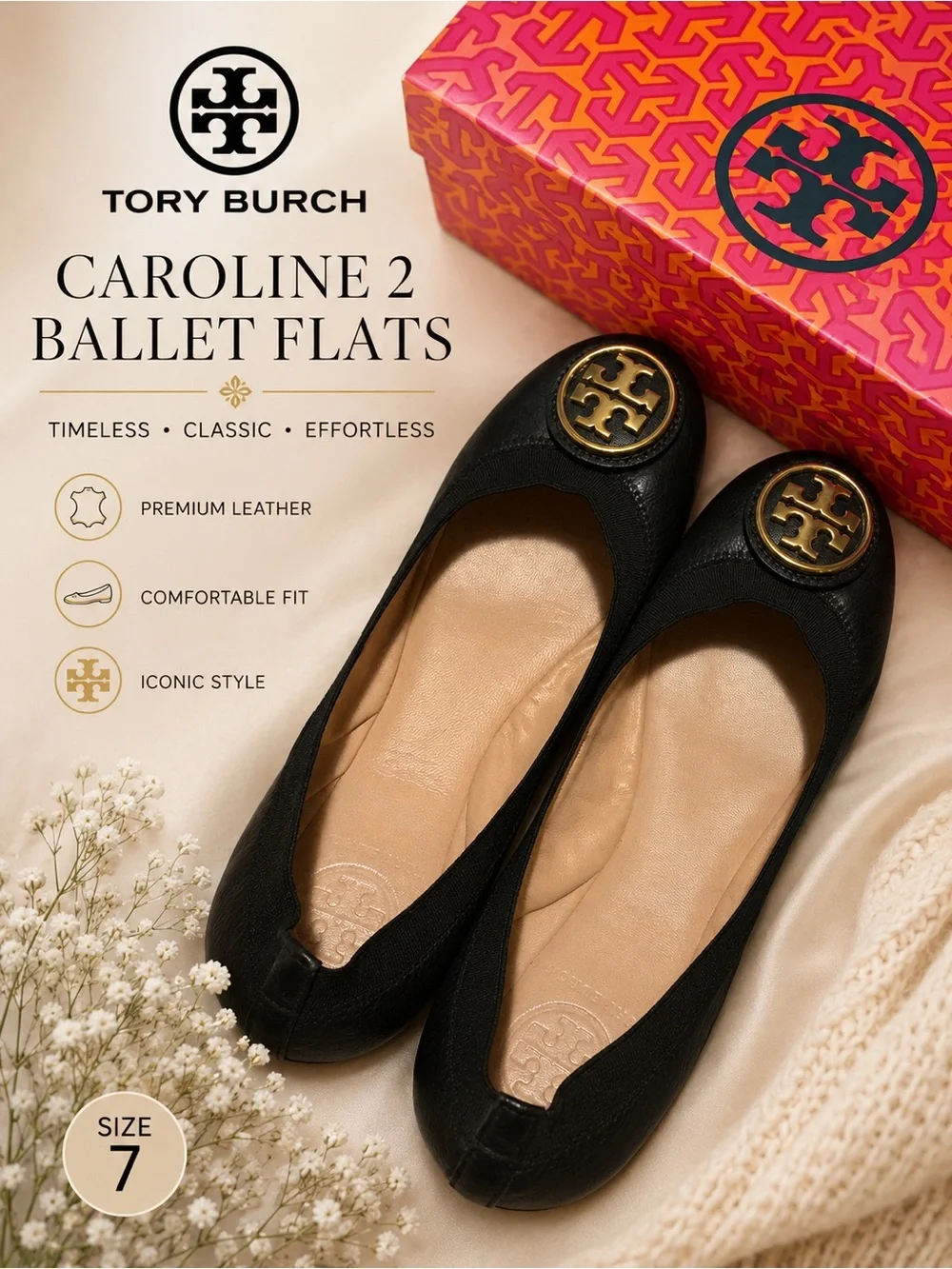 ✨🖤 Tory Burch Black Leather Ballet Flats with Gold Logo Medallion